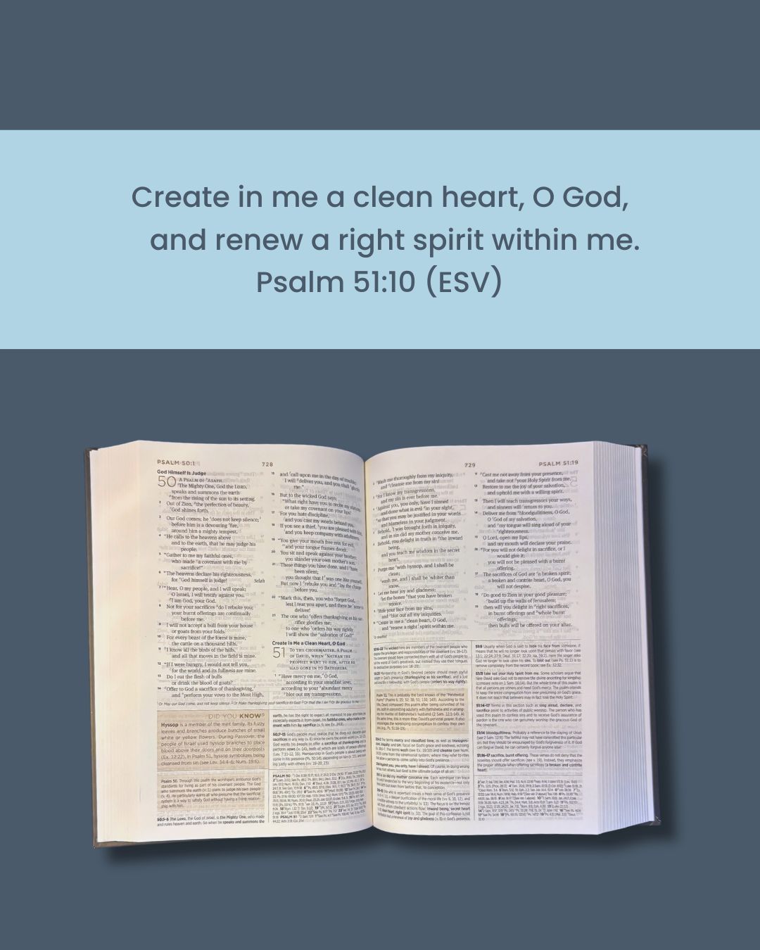 Happy Scripture Sunday!
Create in me a clean heart, O God, and renew a right spirit within me.
Psalm 51:10 (ESV)