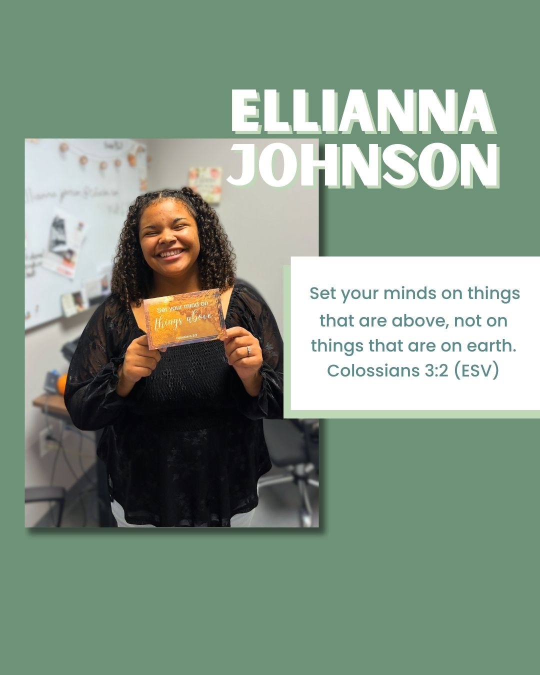 Creative Services Intern, Ellianna, has encouraging Bible verses all over her office. This is her favorite: Set your minds on things that are above, not on things that are on earth. Colossians 3:2 (ESV)

#SundayScripture #CEF