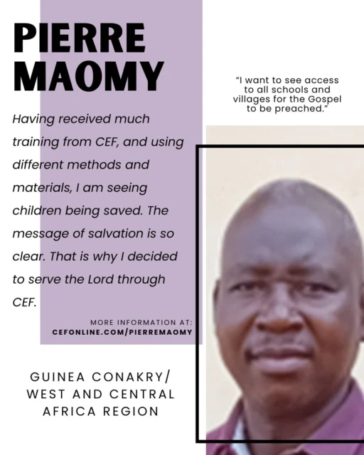 Meet Pierre Maomy, our Guinea Conakry/West and Central Africa region missionary!

I was blessed to grow up in a Christian home. But it wasn’t until I was 17 that I invited Christ into my heart and life.

Pray for me as I direct the ministry in my area. I want to see access to all schools and villages for the Gospel to be preached. And then for those saved children to be a positive change in the state administration of our nation. I praise the Lord that my family is committed to this ministry too.

Your donation allows Pierre to faithfully serve the Lord with 𝘊𝘩𝘪𝘭𝘥 𝘌𝘷𝘢𝘯𝘨𝘦𝘭𝘪𝘴𝘮 𝘍𝘦𝘭𝘭𝘰𝘸𝘴𝘩𝘪𝘱 of Guinea Conakry. Will you come alongside Pierre today? Follow the link in our bio or go to www.cefonline.com/pierremaomy to support Pierre.

Goal: $120/month

#SPAN #CEF