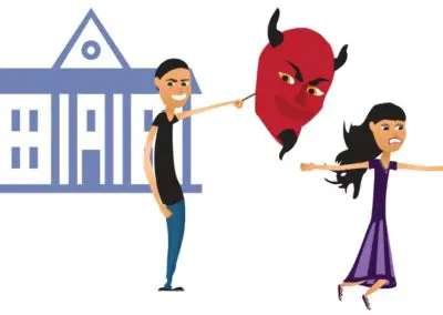 A cartoon graphic of a man holding a Satan head puppet scaring a woman outside a school