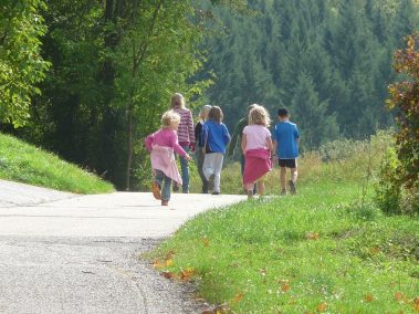 A family of seven walks into the distance on a paved path