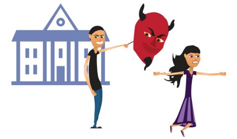 A cartoon graphic of a man holding a Satan head puppet scaring a woman outside a school